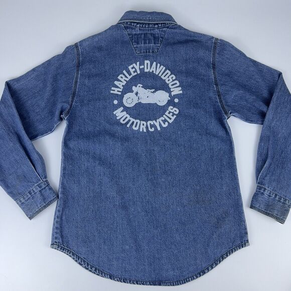 Harley Davidson Grease Monkey Denim Shirt Women’s XS Intentionally Distressed - Picture 1 of 15